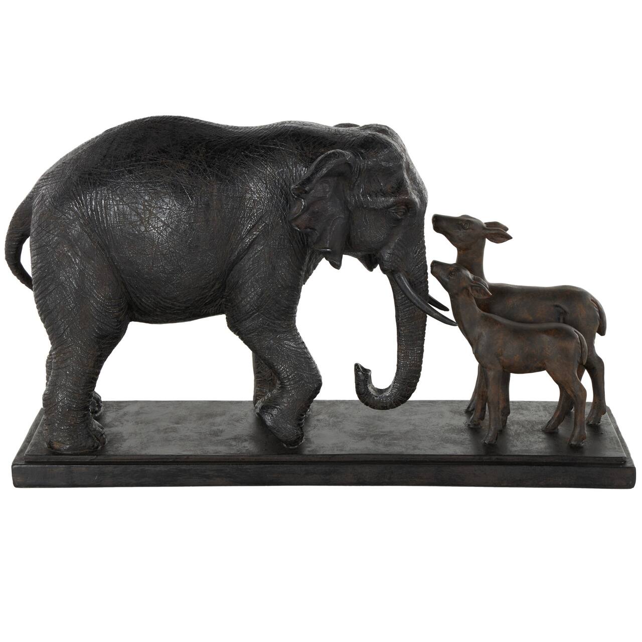 19.75" Black Elephant Walking Sculpture with Dark Brown Deer
